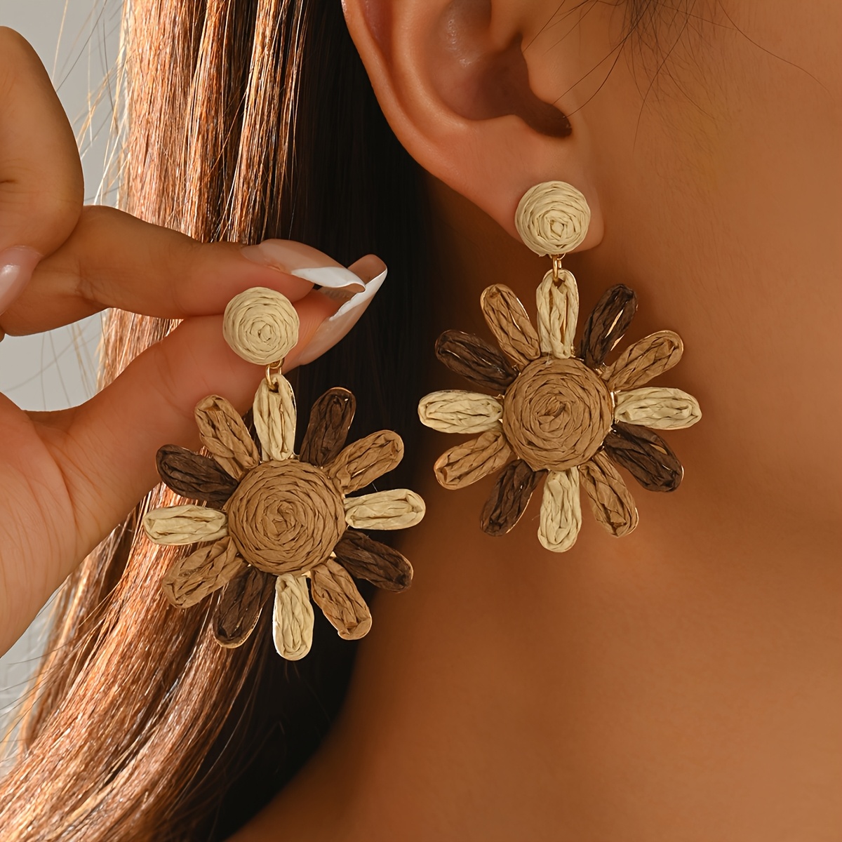 Women's Handwoven Raffia Straw Sun Flower Earrings